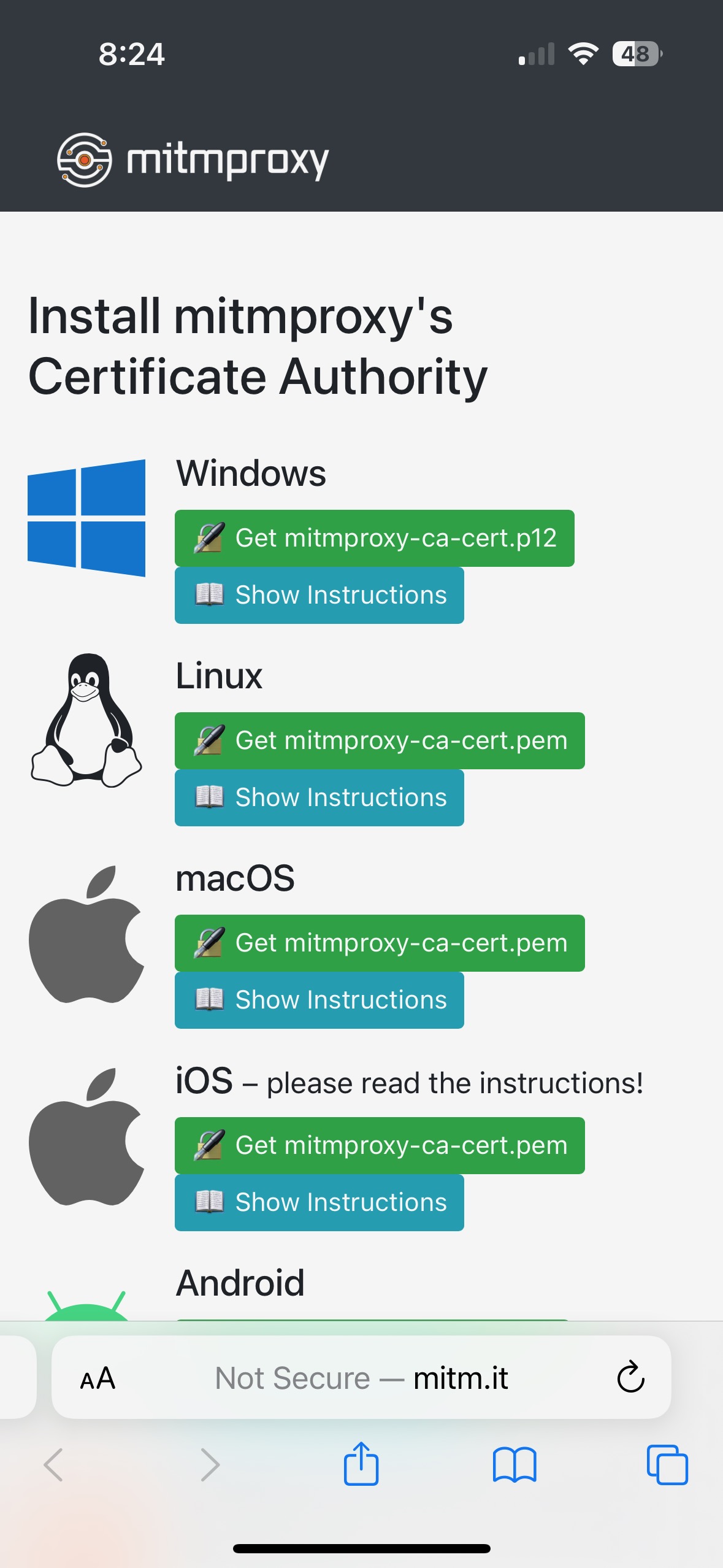 iOS web page with mitm cert for download